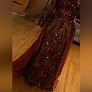 Glamorous Sequin Long Sleeve Dress in Deep Red